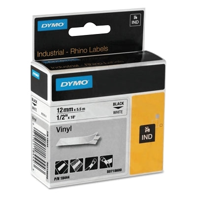 Industrial Rhino Vinyl Label Cartridge, 1/2 in W x 18 ft L, Black Print on White Background