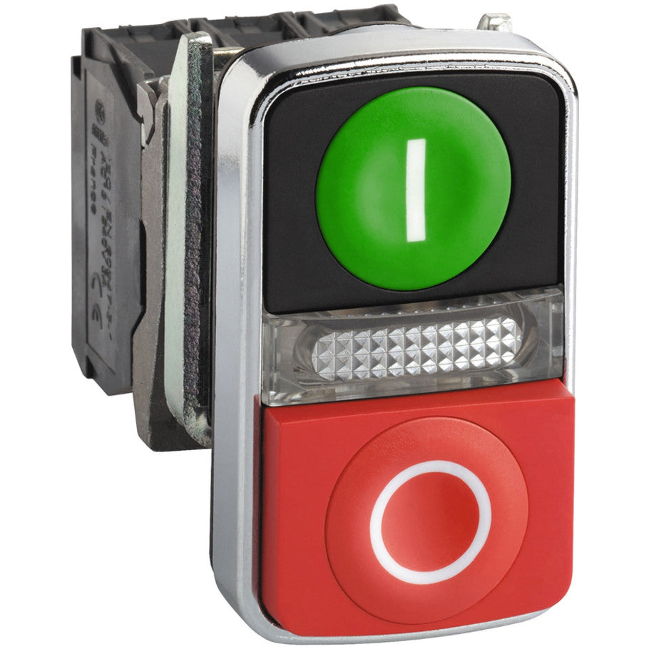 Green flush/red projecting illuminated double-headed pushbutton 22 1NO 1NC 24V