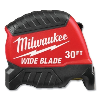 Wide Blade Tape Measure, 30 ft, SAE, Red/Black