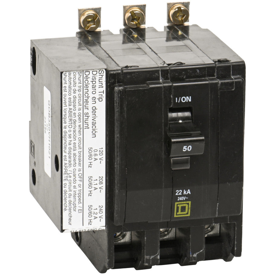 Mini circuit breaker, QO, 50A, 3 pole, 120/240VAC, 22kA, bolt on mount, AC shunt