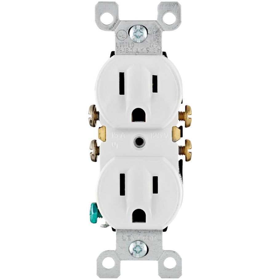 Straight Blade Duplex Receptacle With Ears, 15A, 125V, 2P3W, NEMA 5-15R, Quickwire and Side Wired, White, Contractor Pack