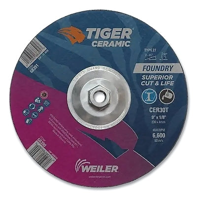 Tiger Grinding Wheel, Combo, 9 in dia x 1/8 in Thick x 5/8 in-11 Arbor, 30 Grit, Ceramic Alumina, Type 27, 10 EA/BX
