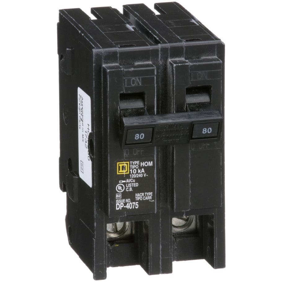 Homeline Circuit Breaker, Plug-In, 10kA, 120/240 Vac-Common Trip, 2-Pole, 80A