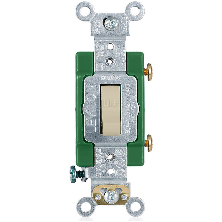 Extra Heavy Duty Spec Grade Toggle AC Quiet Switch, 1-Pole, 30A, 120/277V, Self-Grounding, Back and Side Wired, Ivory