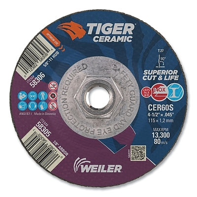 Tiger Ceramic Cutting Wheel, 4.5 in Diameter., 0.045 in Thick, 60 Grit, Ceramic Alumina