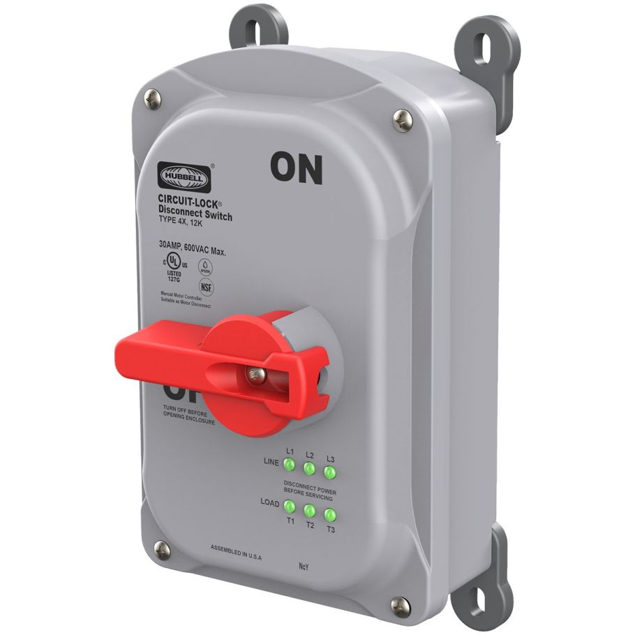 Industrial Grade, Motor Disconnect, Unfused, 3 Pole, 30A 600V AC, Screw Terminals, IP69k, NEMA Type 4X, 12