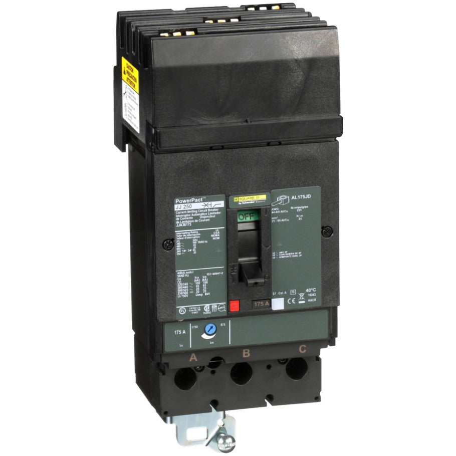 PowerPact Molded Case Circuit Breaker, J-Frame, Thermal Magnetic, I-Line Mount, 25kA, 600 Vac/250 Vdc, 3-Pole, 175A