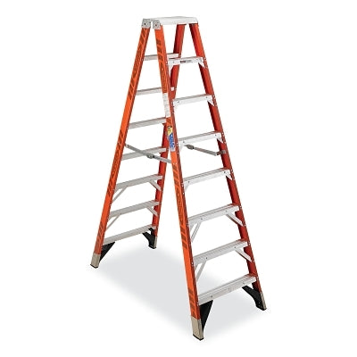 Fiberglass Twin Stepladder, T7408, Type IAA, 8 ft L, 12 ft Reach, 28.68 in W, 375 lb Load Capacity Per Side, Orange