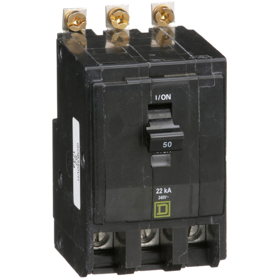 QOB Miniature Circuit Breaker, High Interrupting Capacity, Bolt On, 3 Pole, 50A, 240 Vac, 22kA