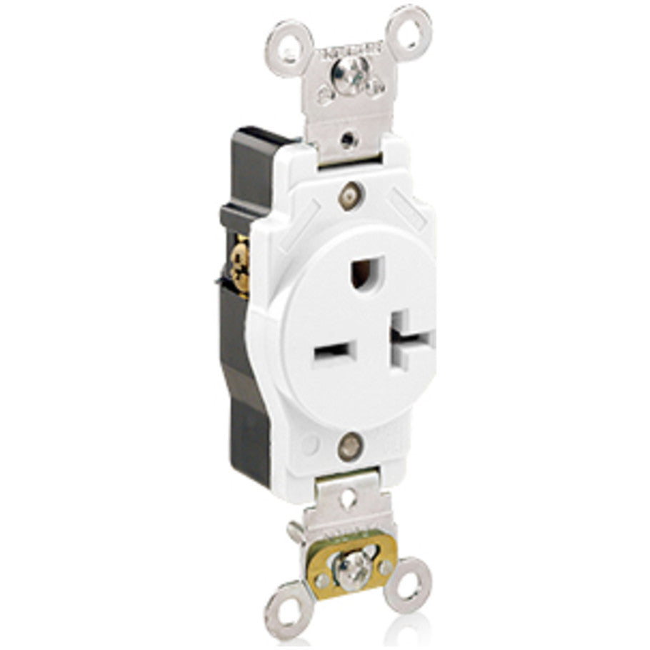 Straight Blade Single Receptacle, Narrow Body, 20A ,250V, 2P3W, NEMA 6-20R, Self-Grounding, White