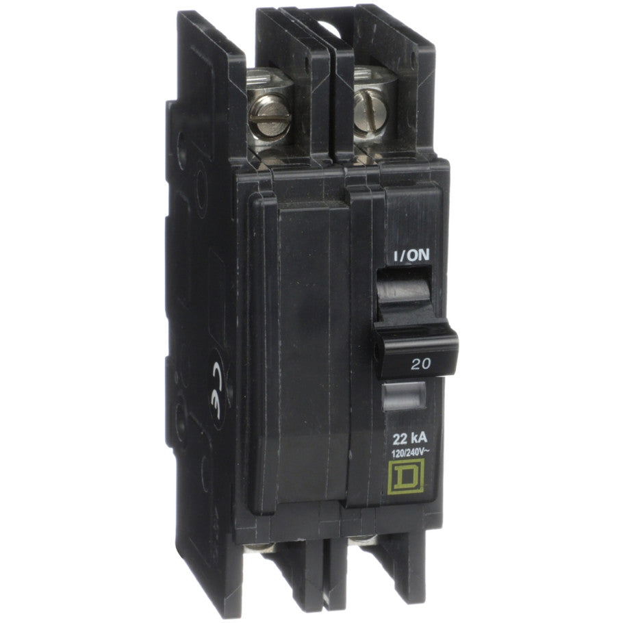 QOU Miniature Circuit Breaker, Low Ampere, Unit Mount, 2 Pole, 20A, 120/240 Vac, 22kA
