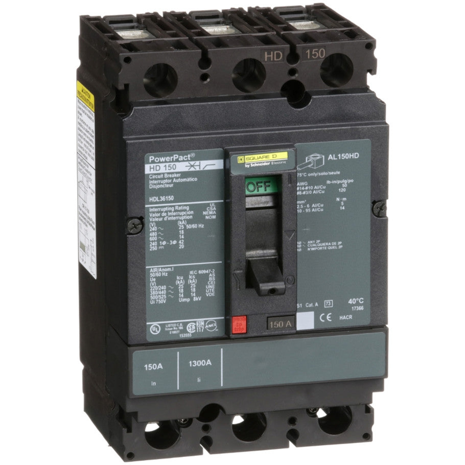 PowerPact Molded Case Circuit Breaker, H-Frame, Unit Mount, 14 kA, 600V, 3-Pole, 150A