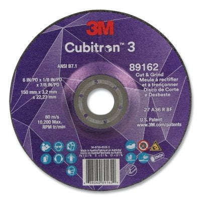 3M 638060-89162 Cubitron 3 Cut and Grind Wheel, 6 in dia x 1/8 in Thick x 7/8 in Arbor, 36+ Grit, T27