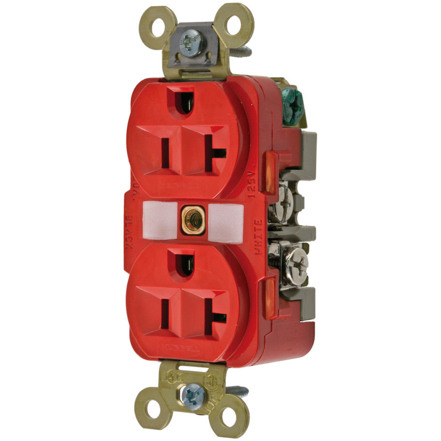 HBL, Straight Blade Receptacle, Duplex, Extra Heavy Duty Industrial, 20A 125V, 2P3W, Red