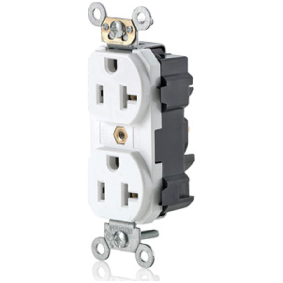 Lev-Lok Straight Blade Duplex Receptacle, Modular Terminals, Commercial Grade, 20A, 125V, 2P3W, NEMA 5-20R, White