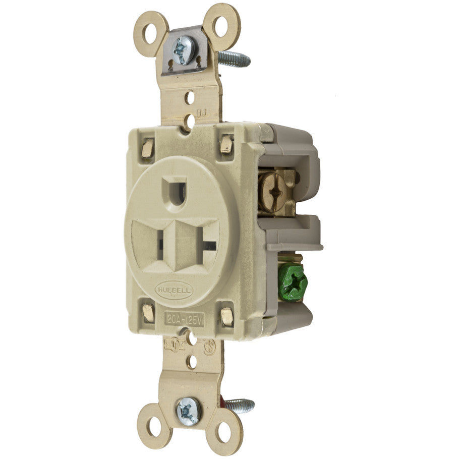 HBL Straight Blade Receptacle, Single, Extra Heavy Duty, 20A, 125V, 2P3W, Ivory