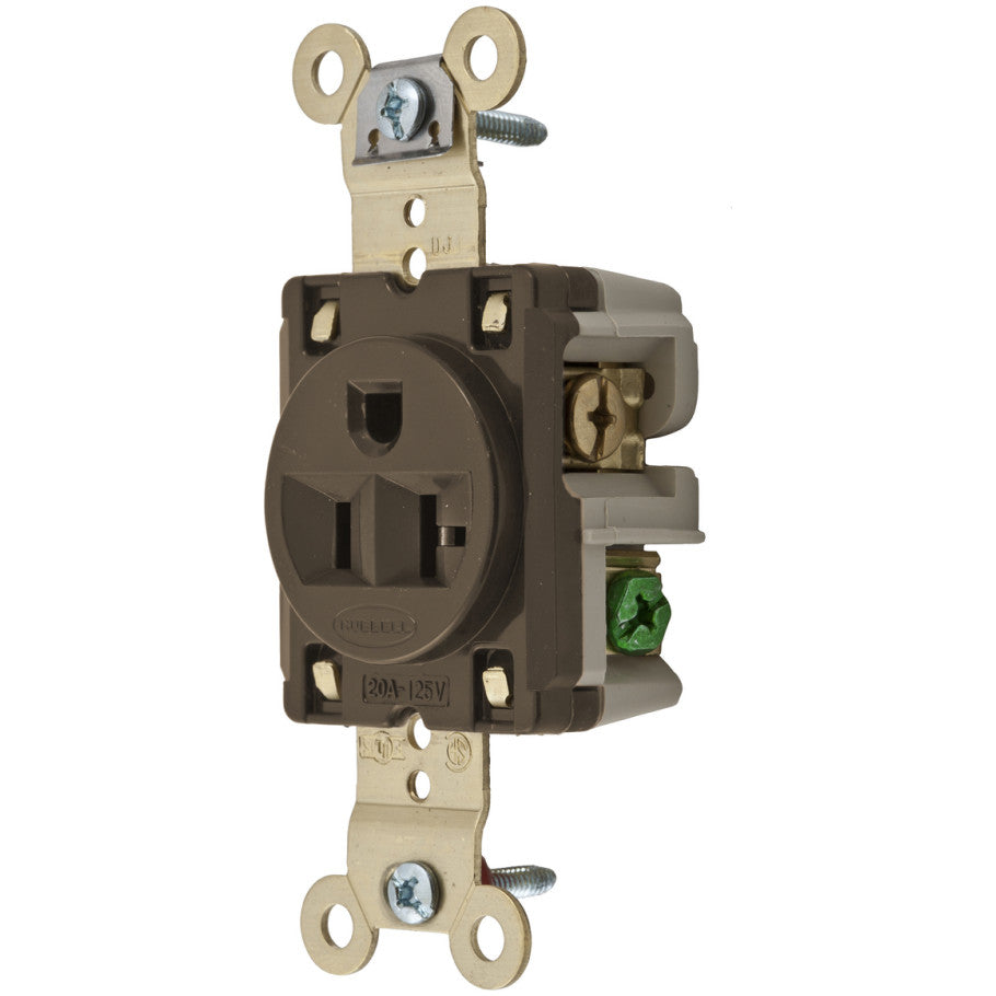 HBL Straight Blade Receptacle, Single, Extra Heavy Duty, 20A, 125V, 2P3W, Brown