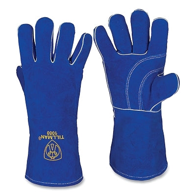 Stick Welding Gloves, 1080, Premium Side Split Cowhide Palm/BOH/Cuff, Lg, Blue, 14 in L Cuff, Bulk