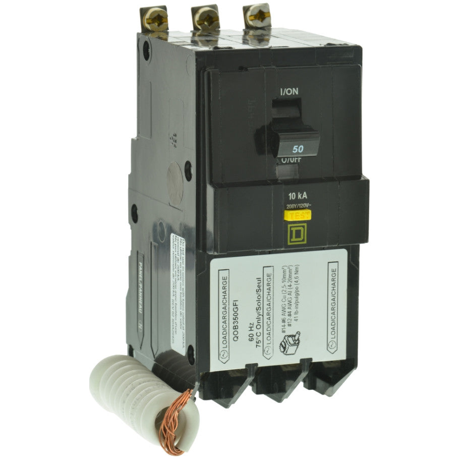 Mini circuit breaker, QO, 50A, 3 pole, 208Y/120VAC, 10kA, bolt on, 6mA grd fault A, pigtail  TAA