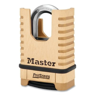 ProSeriesResettable Combination Padlock, 3/8 in dia x 15/16 in W x 1-1/16 in H Shackle, Shrouded Brass, Boxed