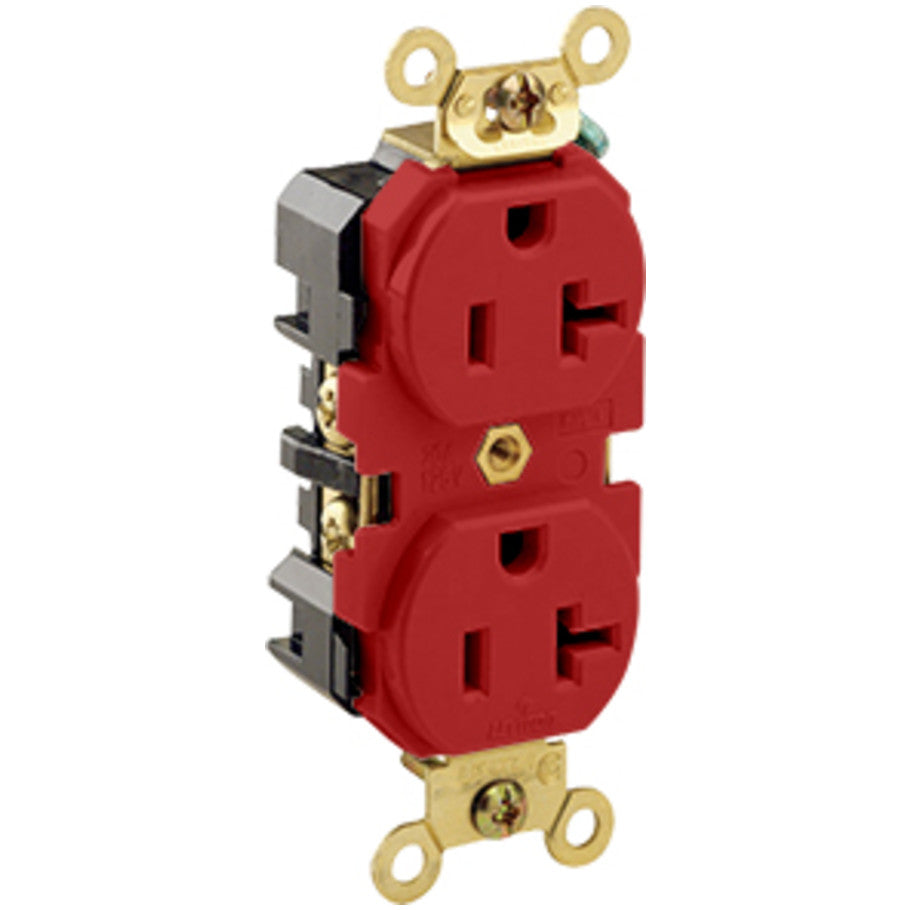 Straight Blade Duplex Receptacle, 20A, 125V, 2P3W, NEMA 5-20R, Self-Grounding, Back and Side 8-Hole Feed-Thru Wired, Red