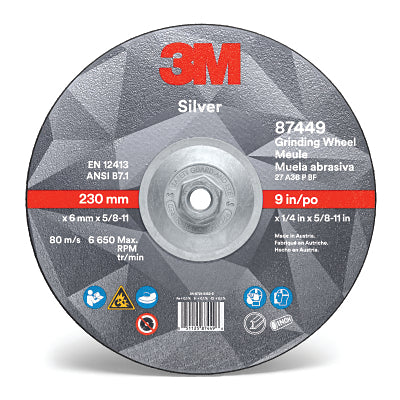 3M 051125-87449 Silver Depressed Center Grinding Wheel, 9 in dia, 1/4 in, 5/8 in -11 Arbor Thread, 36 Grit, Precision Shaped Ceramic