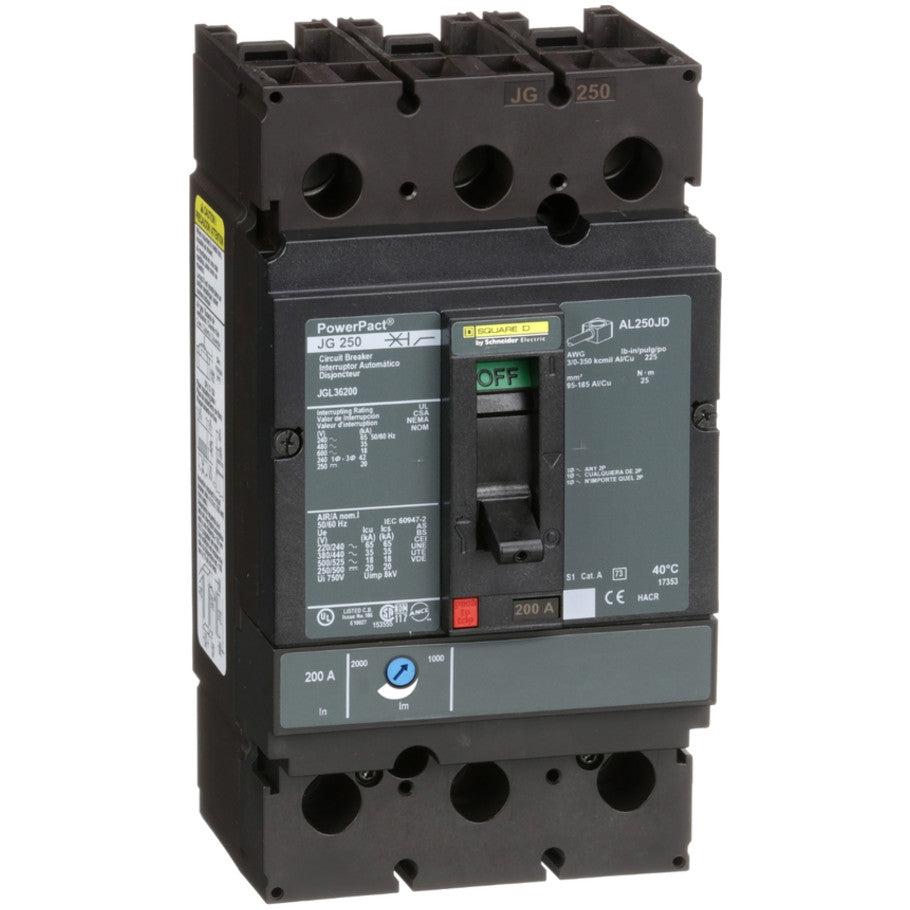 PowerPact Molded Case Circuit Breaker, J-Frame, Thermal Magnetic, Unit Mount, 18kA, 600 Vac/250 Vdc, 3-Pole, 200A