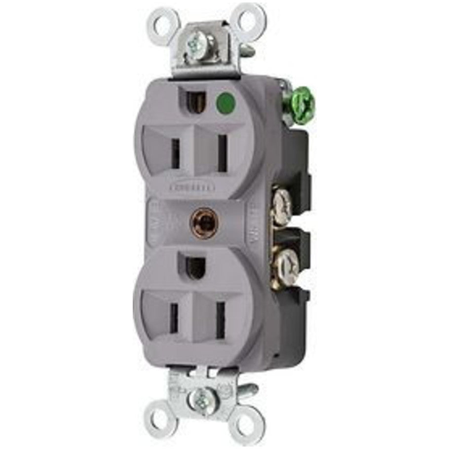 Straight Blade Duplex Receptacle, Hospital Grade, Finder Groove Face, Back/Side Wired, 15A, 125V, 2P3W, Gray