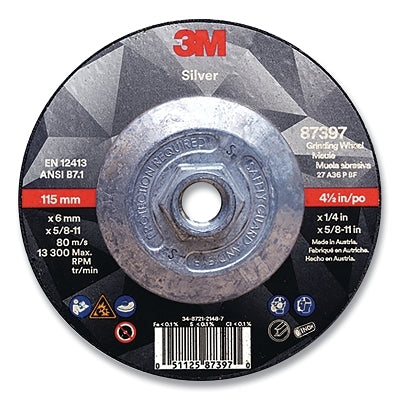 3M 051125-87397 Silver Depressed Center Grinding Wheel, 4-1/2 in dia, 1/4 in, 5/8 in-11 Arbor Thread, 36 Grit, Precision Shaped Ceramic