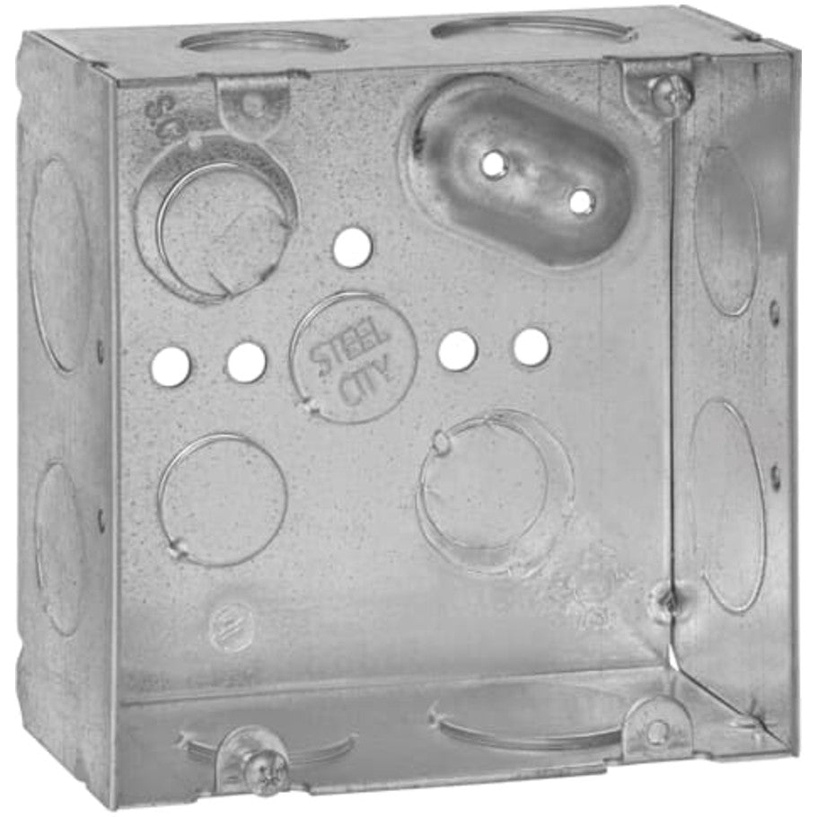 4-11/16 in. Square Box, Steel, Welded, 2-1/8 in. D, (4) 3/4   (4) 1 in. Side KO, (3) 1/2, (3) 3/4   (2) 1 in. Bottom KO