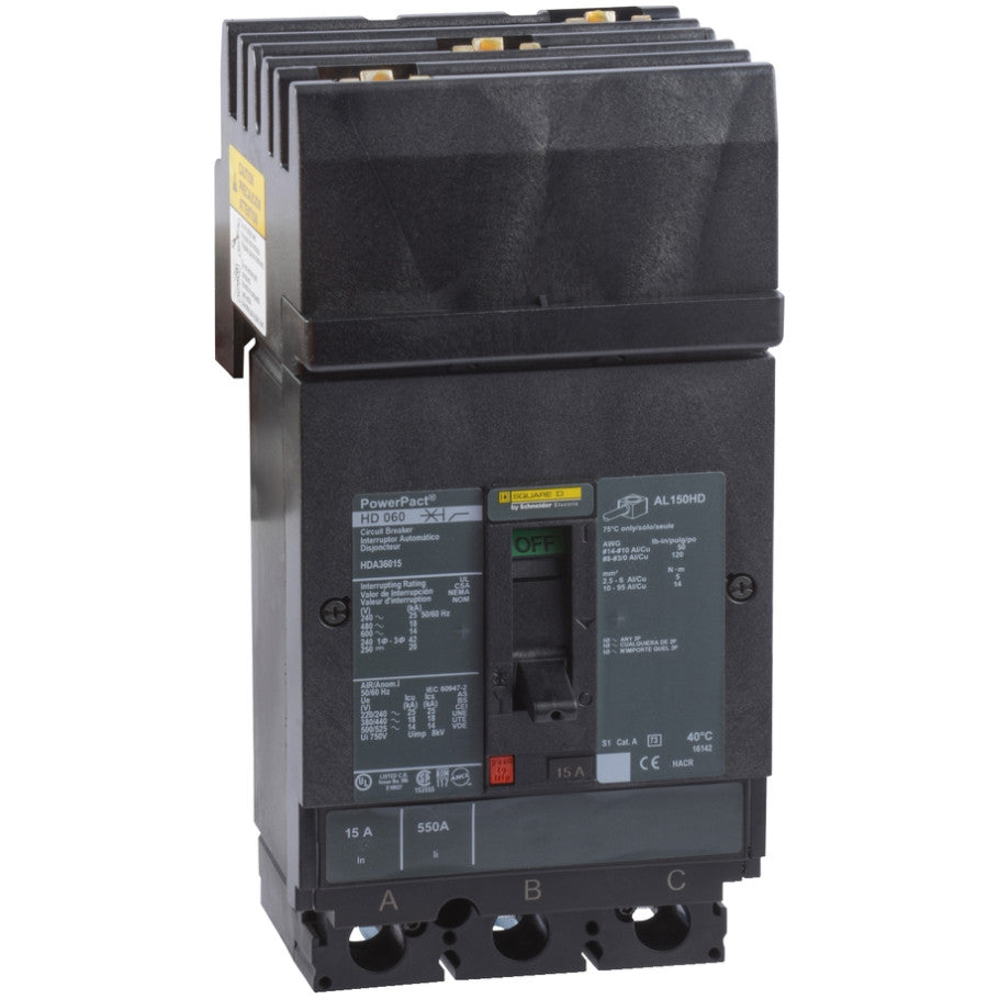 PowerPact I-Line Circuit Breaker, H-Frame, Thermal Magnetic, 15A, 3-Pole, 600V, 14kA