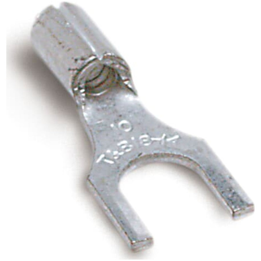 Non-Insulated Fork Terminal, Length .75 Inches, Width .31 Inches, Bolt Hole  8, Wire Range  18- 14 AWG, Copper, Tin Plated