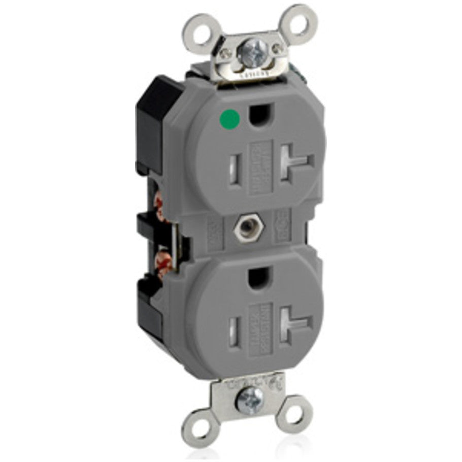 Straight Blade Duplex Receptacle, Extra Heavy Duty Hospital Grade, Tamper-Resistant, 20A, 125V, 2P3W, NEMA 5-20R, Gray