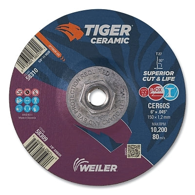 Tiger Ceramic Cutting Wheels, 6" Dia., 0.045" Thick, 60 Grit, Ceramic Alumina