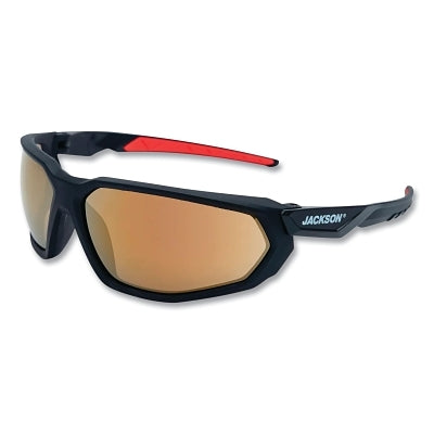 Hyperguard Safety Glasses, Gold Mirror, Polycarbonate, Hard Coated, Black Full Frame, Red Temple
