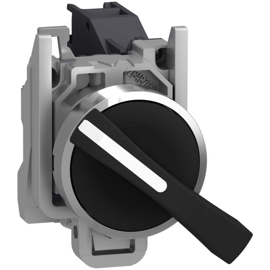 Selector switch, Harmony XB4, metal, black 22mm, long handle, 3positions, stay put, 2NO