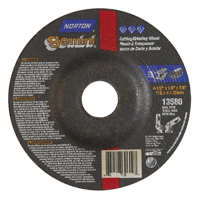 Gemini Type 27 Grinding and Cutting Wheel, 4-1/2 in dia x 1/8 in T x 7/8 in Arbor Hole, AO