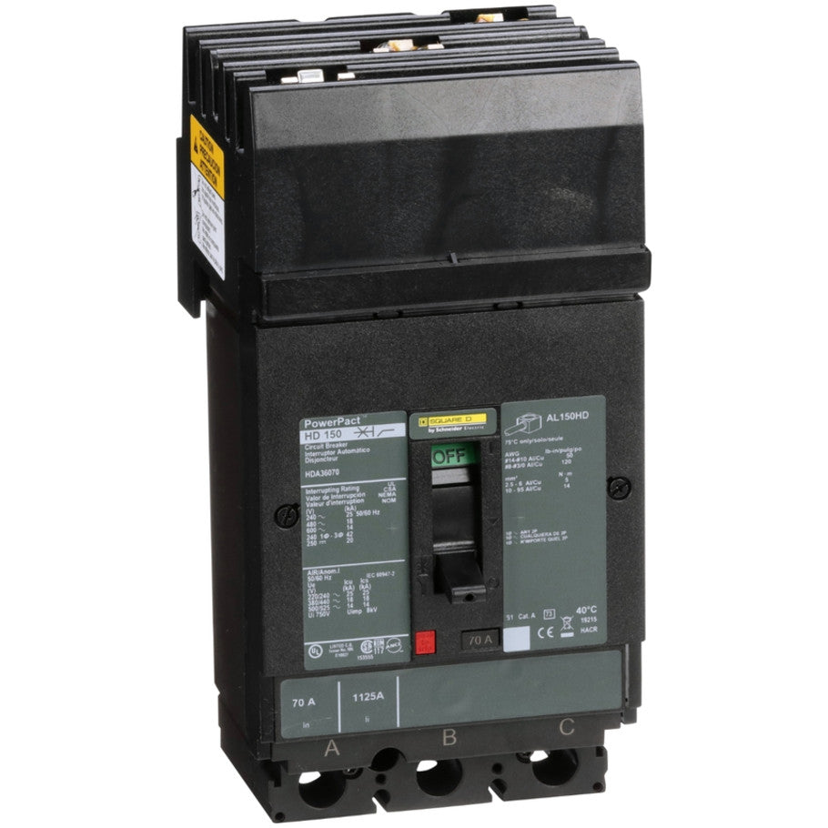 PowerPact Molded Case Circuit Breaker, I-Line Mount, H-Frame, Thermal Magnetic, 3-Pole, 600V, 14kA, 70A