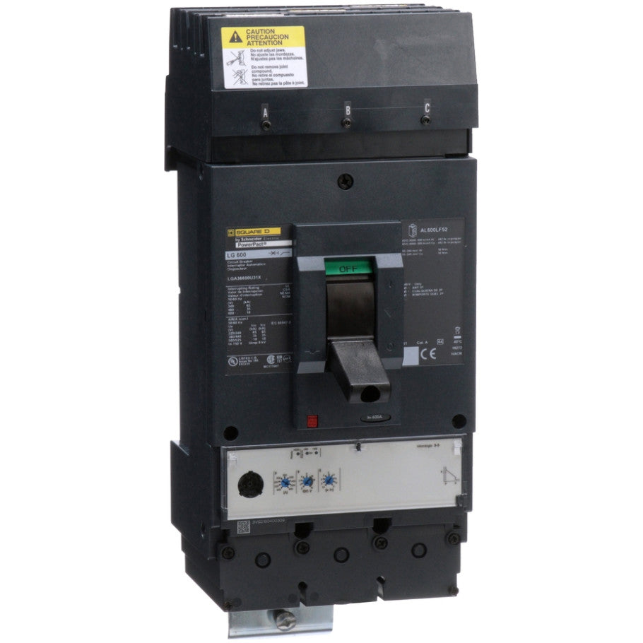 PowerPact Molded Case Circuit Breaker, L-Frame, I-Line Mount, Micrologic 3.3, LI Trip Function, 18kA, 600 Vac, 3-Pole, 600A