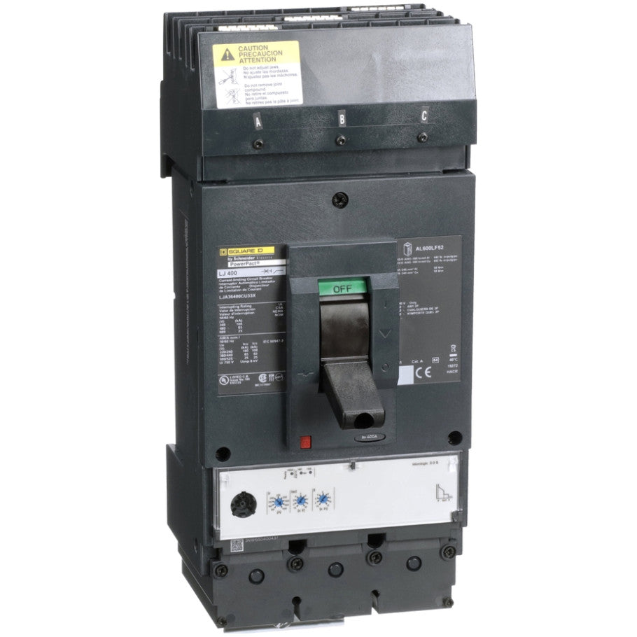 PowerPact LJA Series Circuit Breaker, 600V ac, 400A, 3-Pole, ABC-Phase, 25 kA, 3.3S Trip, I-Line, L-Frame