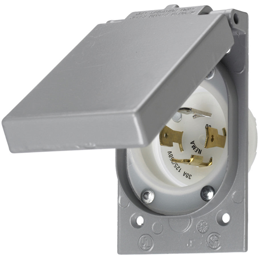 Twist-Lock Insulgrip Flanged Inlet, 30A, 125/250V, 3P4W, NEMA L14-30P, Self-Closing Lift Cover