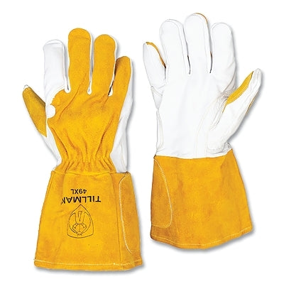 MIG Welding Gloves, 49, Top Gr Goatskin Palm/Split CH BOH/Cuff, Med, Bourbon Brn/Pearl, 5 in Shirred Cuff