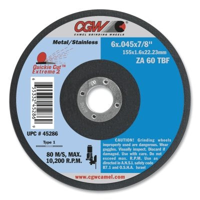 Quickie Cut Flat Cut-Off Wheel, 4-1/2 in dia, .045 in Thick, 7/8 in Arbor, 60 Grit, Type 27