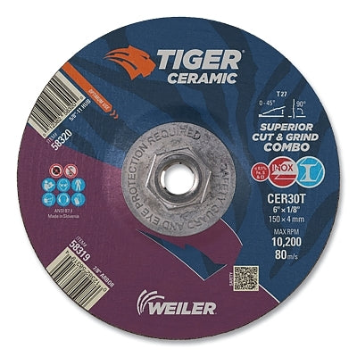 Tiger Ceramic Combo Wheels, 6 in Dia., 1/8 in Thick, 30 Grit, Ceramic Alumina