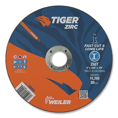Tiger Zirc Cutting Wheel, 6 in dia, 0.045 in Thick, 7/8 in Arbor, Zirconia Alumina, Type 1, Z60T