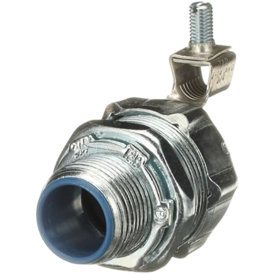 53 Series Liquid Tight Connector, Zinc Electroplated Steel, Grounding Lug, Insulated Throat, 3/4 in.