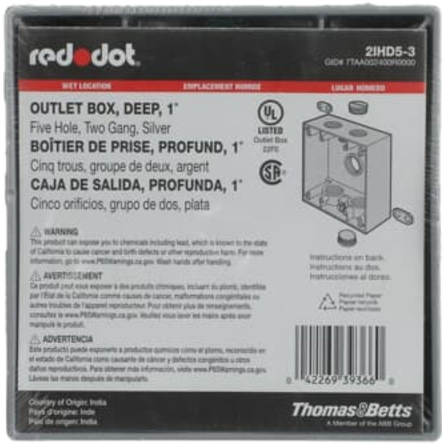 Red-Dot Weatherproof Box, Aluminum Die Cast, (5) 1 in. Threaded Hubs, 2-Gang, 2-17/32 in. Deep