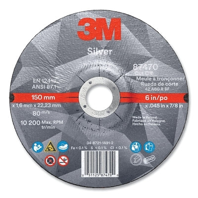3M 051125-87470 Silver Cut-Off Wheel, Precision Shaped Ceramic, 6 in dia, 0.875 in arbor, 36+ Grit, Center Hole