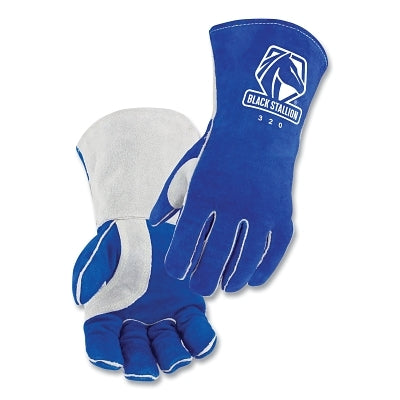 320 Side-Split Cowhide Stick Gloves, Large, Blue/Gray, Gauntlet Cuff, 16 in L. CushionCore Padded Liner