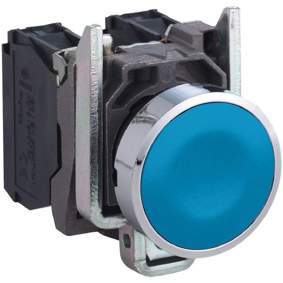 Push button, Harmony XB4, metal, flush, blue, 22mm, spring return, unmarked, 1NO